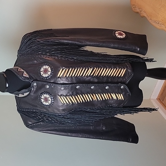 Vintage Jackets & Blazers - Vintage Beaded, fringe, Western black leather jacket